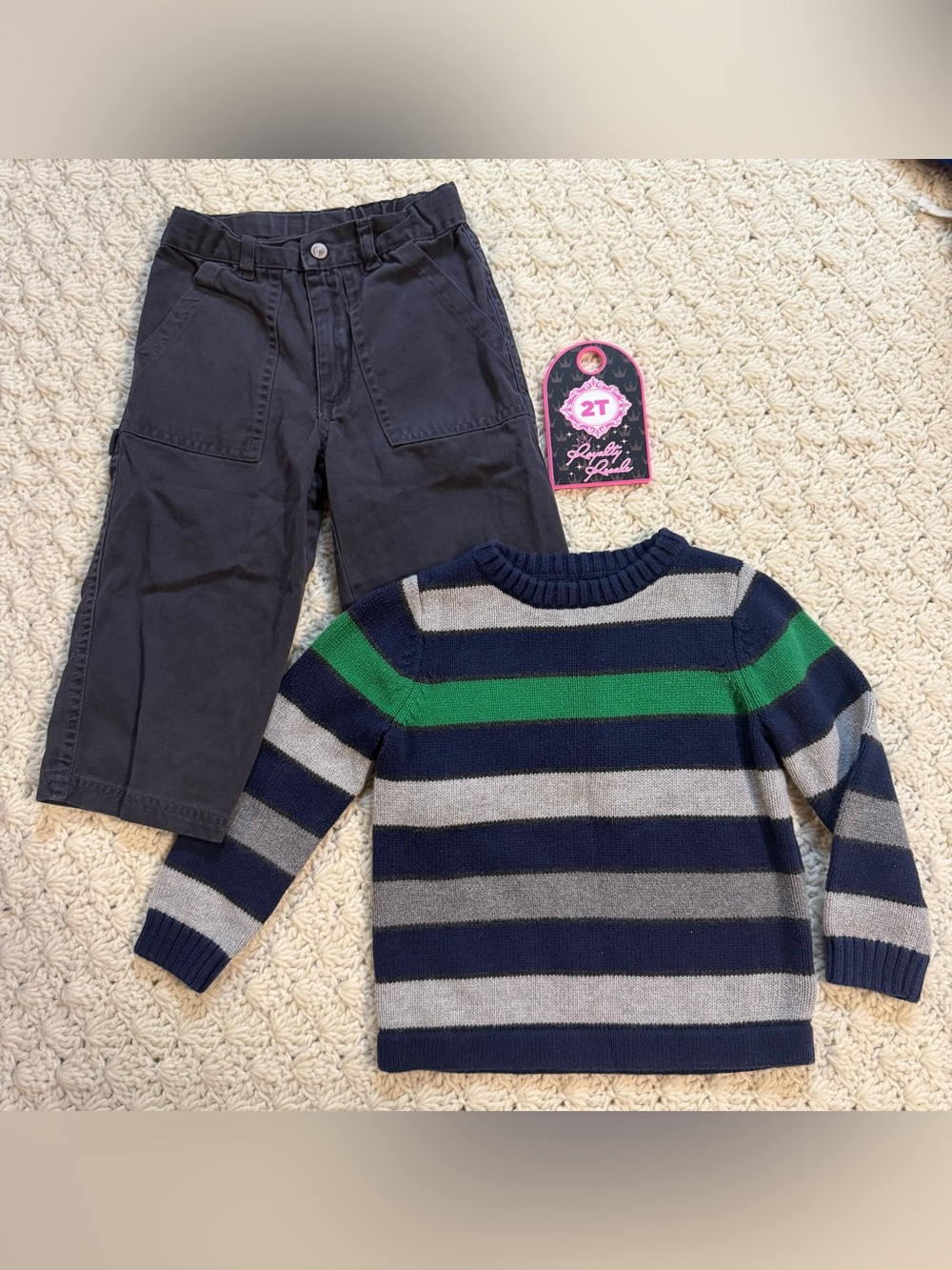 Striped Navy, Gray & Green Kids Sweater Set - 2T